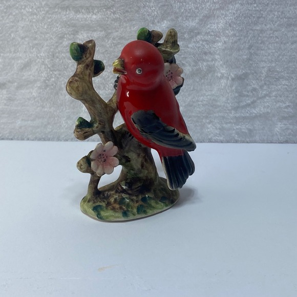 Vintage‎ Ceramic Tanager Red Bird Figurine on Branch Japan Decor - Picture 1 of 8
